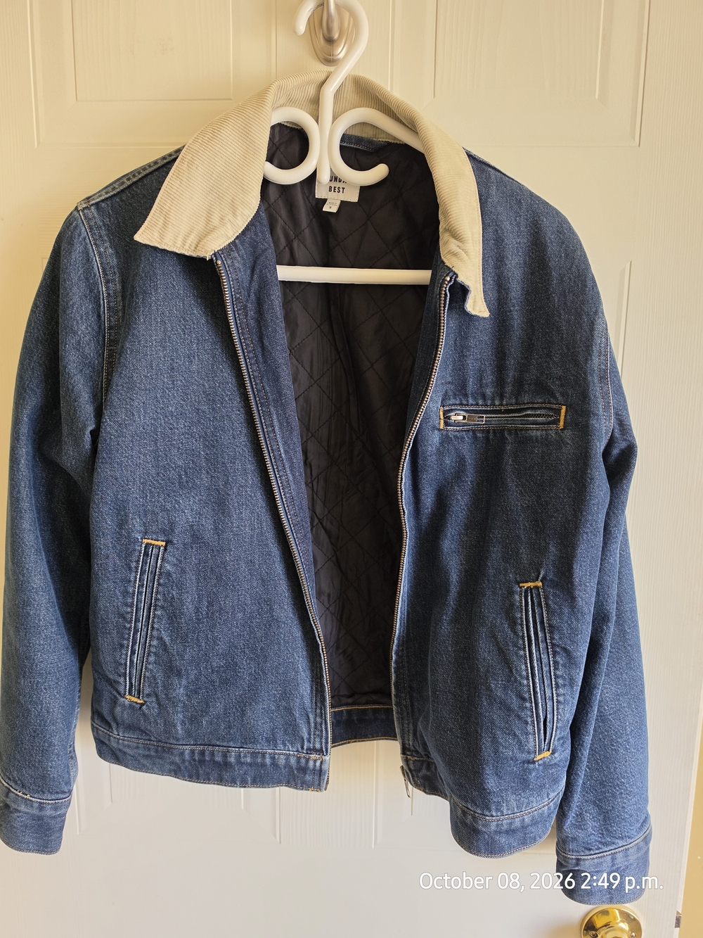 Aritzia Sunday Best Blue Denim Insulated Jacket with Cream Corduroy Collar